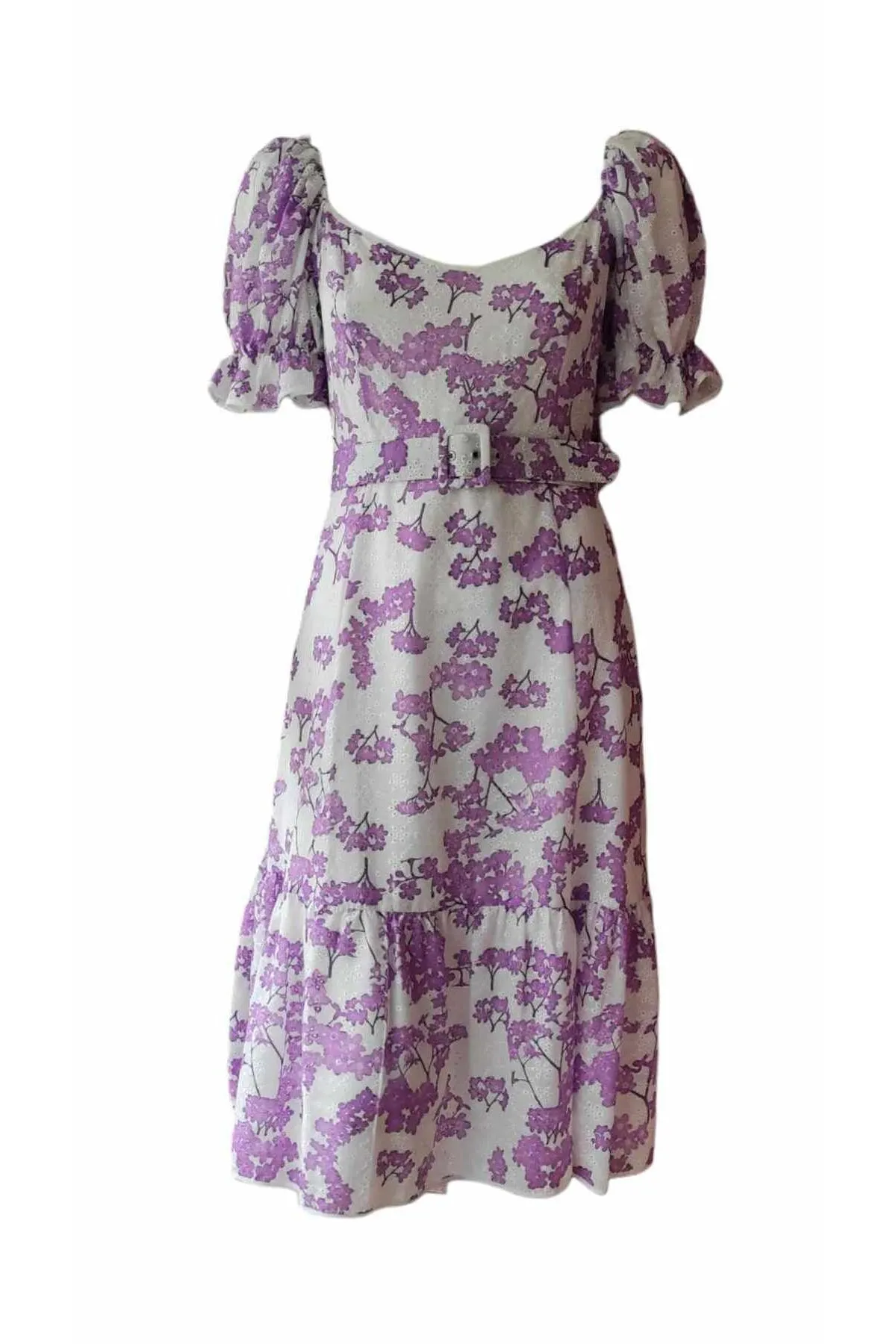 Büyük beden mor renk çiçek desenli midi boy fistolu elbise